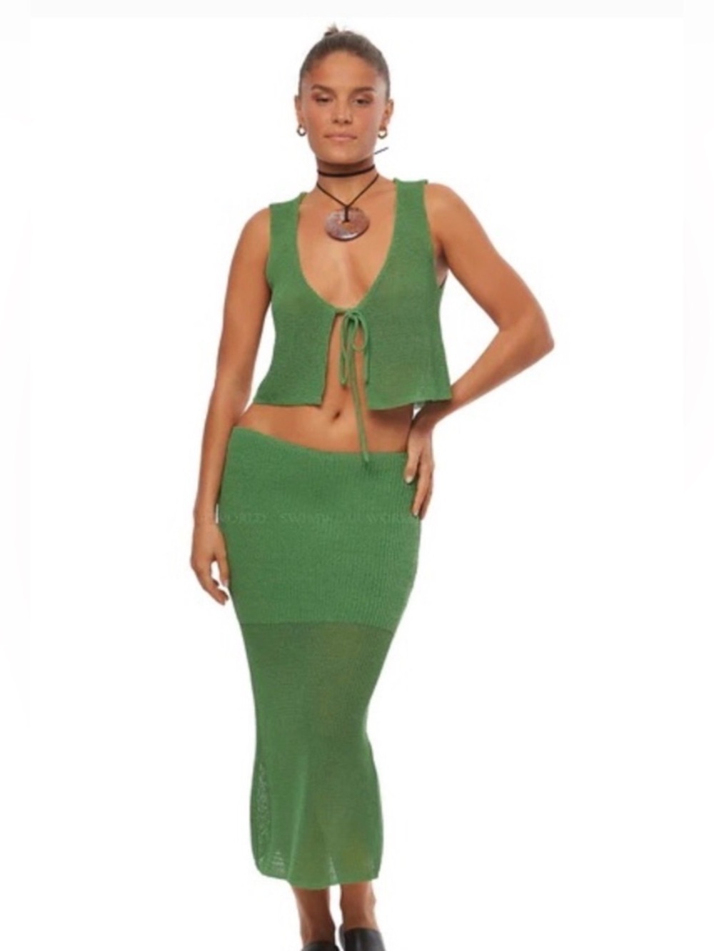 WeWoreWhat Striking Green 2 Piece Knit Tie-Front Vest & Skirt